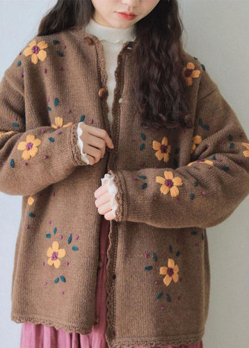 Drune | Kaffee bestickte florale Spitze Patchwork Baumwollstrickjacken mit langen Ärmeln