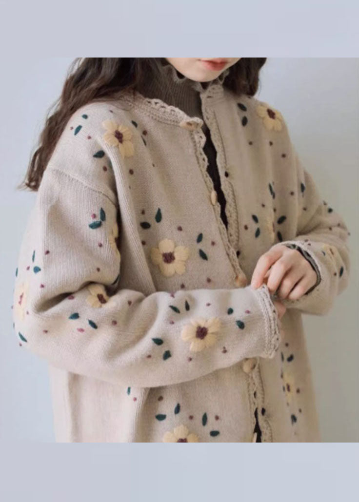 Drune | Kaffee bestickte florale Spitze Patchwork Baumwollstrickjacken mit langen Ärmeln