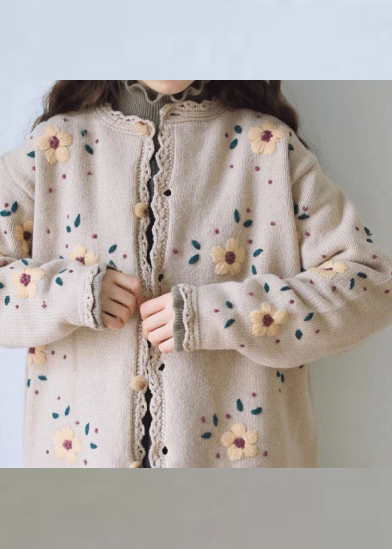 Drune | Kaffee bestickte florale Spitze Patchwork Baumwollstrickjacken mit langen Ärmeln