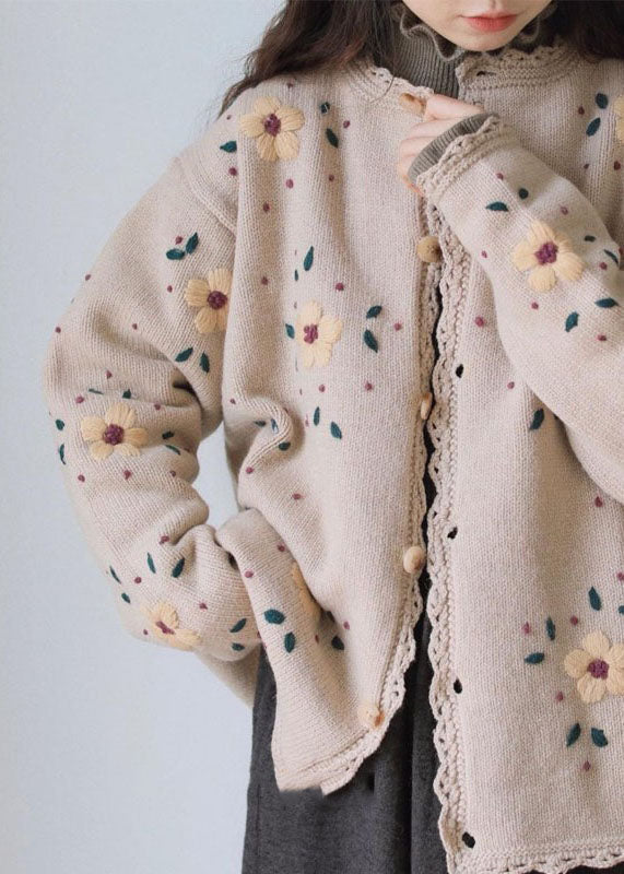 Drune | Kaffee bestickte florale Spitze Patchwork Baumwollstrickjacken mit langen Ärmeln