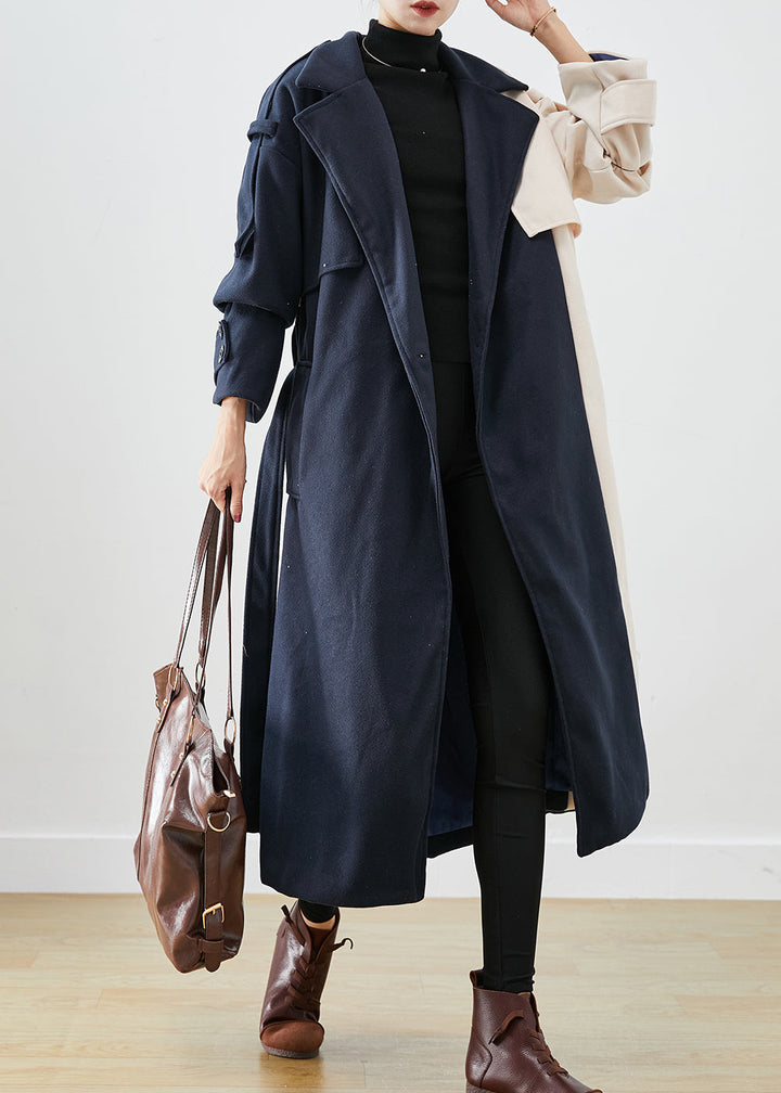 Drune | Marineblauer asymmetrischer Patchwork-Wolltrenchcoat
