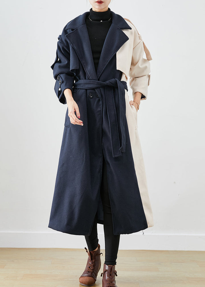 Drune | Marineblauer asymmetrischer Patchwork-Wolltrenchcoat