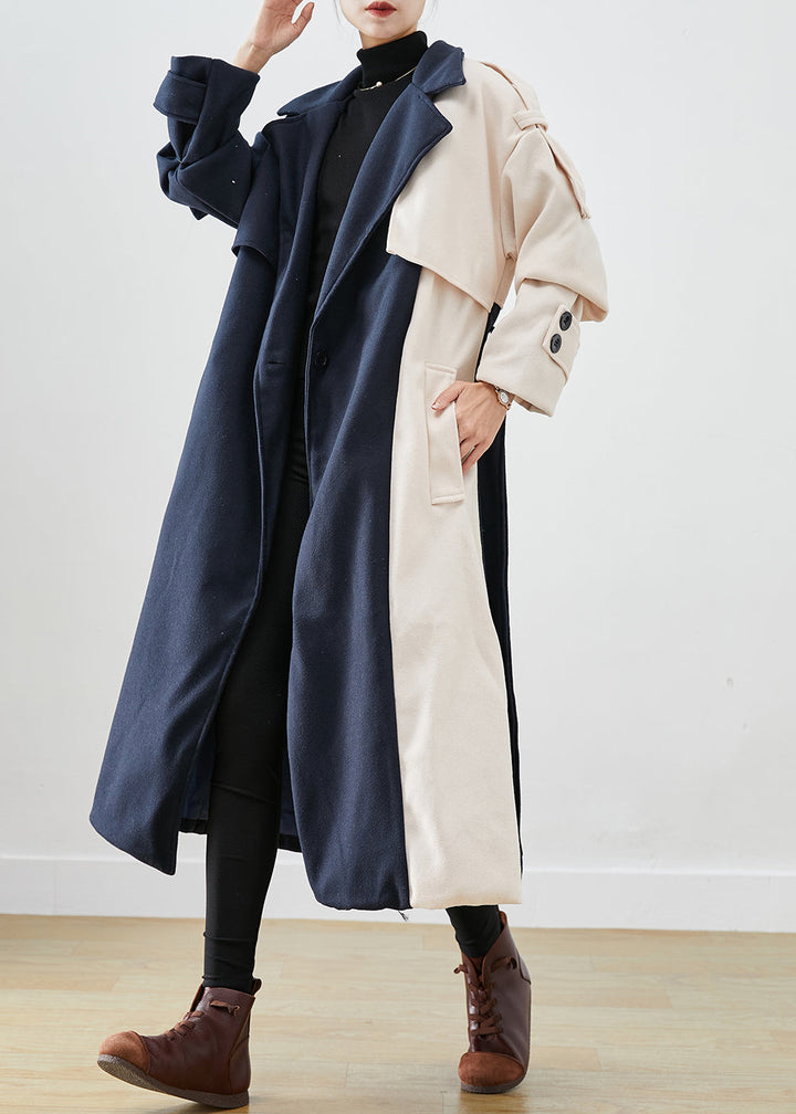 Drune | Marineblauer asymmetrischer Patchwork-Wolltrenchcoat