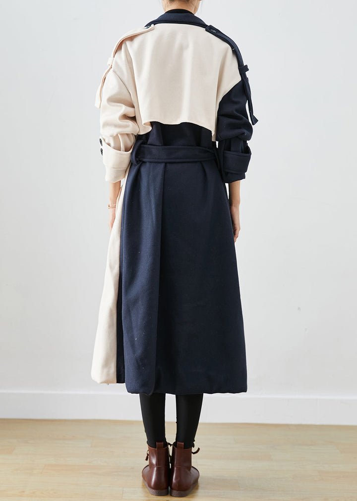Drune | Marineblauer asymmetrischer Patchwork-Wolltrenchcoat