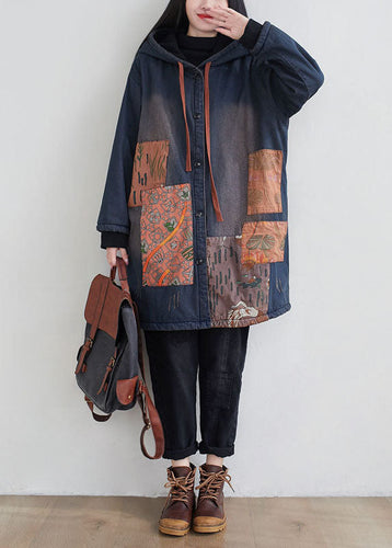 Drune | Marineblauer Kapuzen-Patchwork-Applikation feine Baumwollgefüllte Mäntel Winter