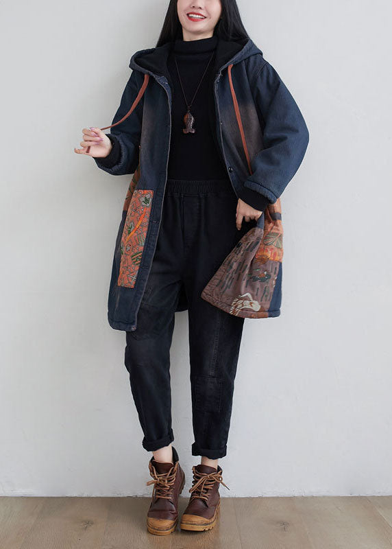 Drune | Marineblauer Kapuzen-Patchwork-Applikation feine Baumwollgefüllte Mäntel Winter