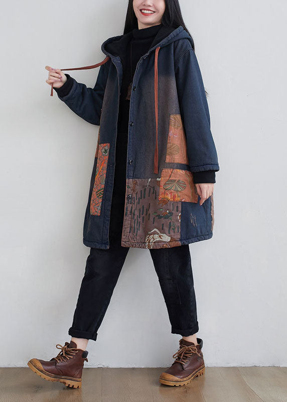 Drune | Marineblauer Kapuzen-Patchwork-Applikation feine Baumwollgefüllte Mäntel Winter