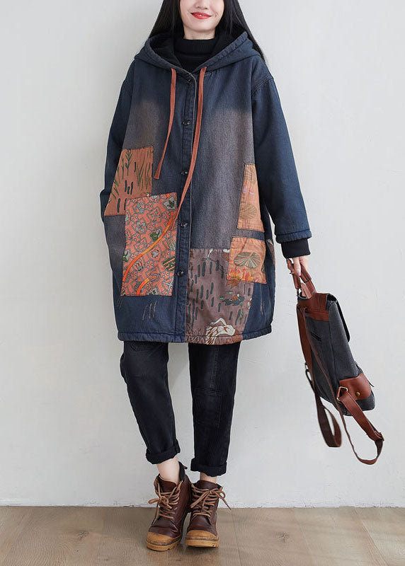 Drune | Marineblauer Kapuzen-Patchwork-Applikation feine Baumwollgefüllte Mäntel Winter