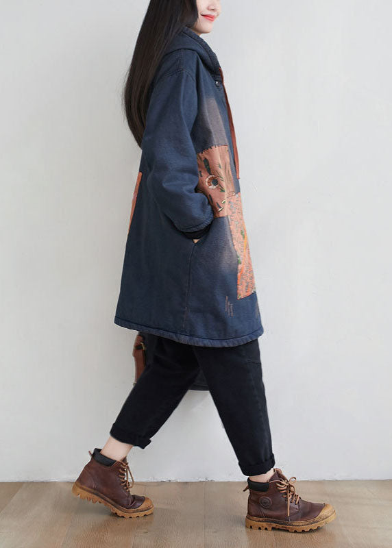 Drune | Marineblauer Kapuzen-Patchwork-Applikation feine Baumwollgefüllte Mäntel Winter