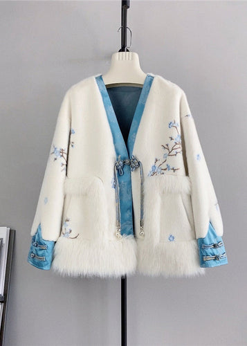 Drune | Retro Blau V-Ausschnitt Quasten Nerz Kaschmir Mäntel Winter