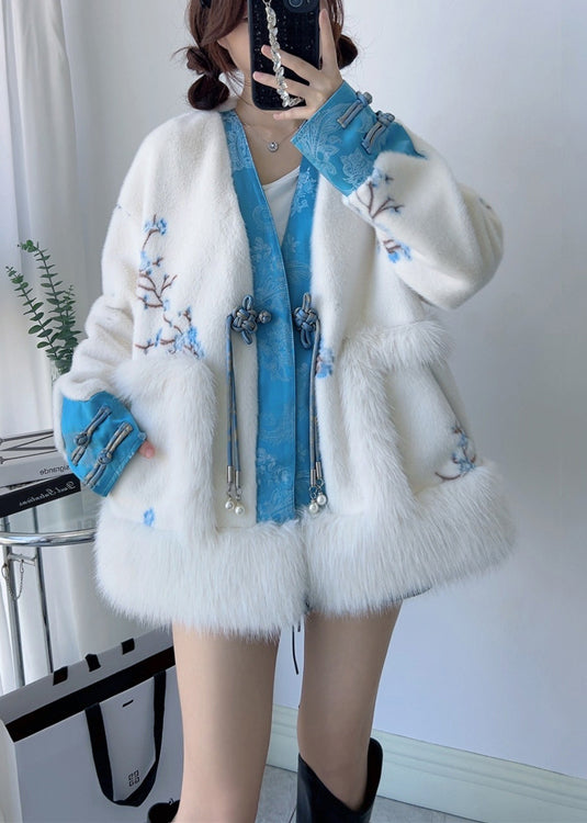 Drune | Retro Blau V-Ausschnitt Quasten Nerz Kaschmir Mäntel Winter