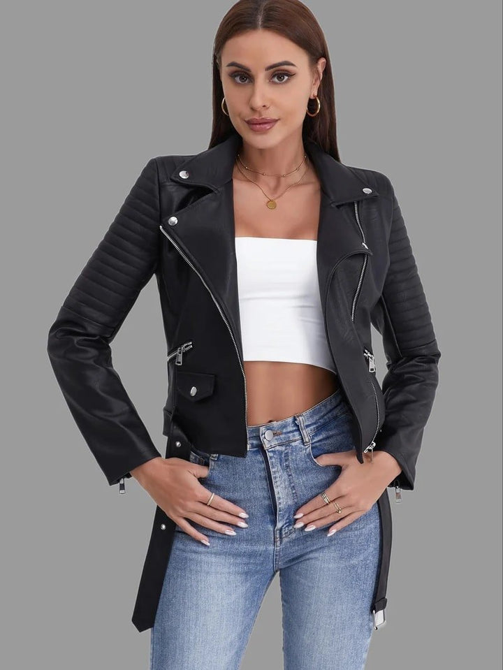 Drune | Bikerjacke - Klassisches schwarzes PU-Leder - Asymmetrischer Reißverschluss - Edgy Streetwear