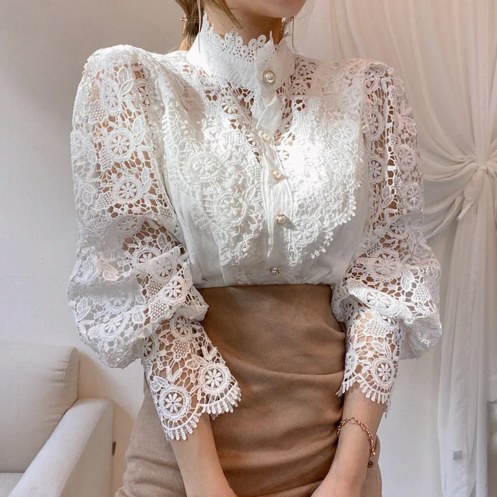 Drune | Bluse Spitzenbluse mit Hohem Kragen
