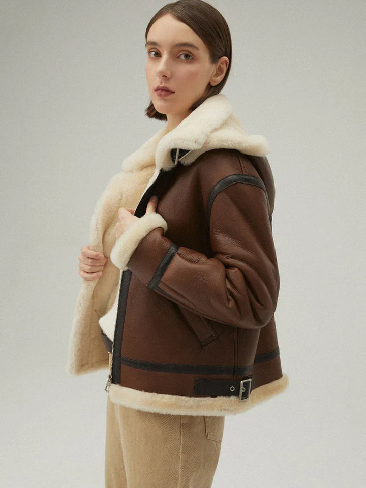 Drune | Stylische Schaffell Lederjacke mit Kapuze