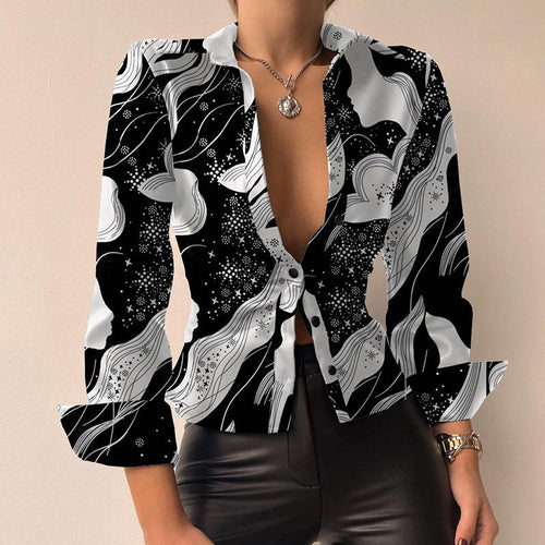 Drune | V-Ausschnitt PU-Leder bedruckt Langarm Patchwork-Bluse