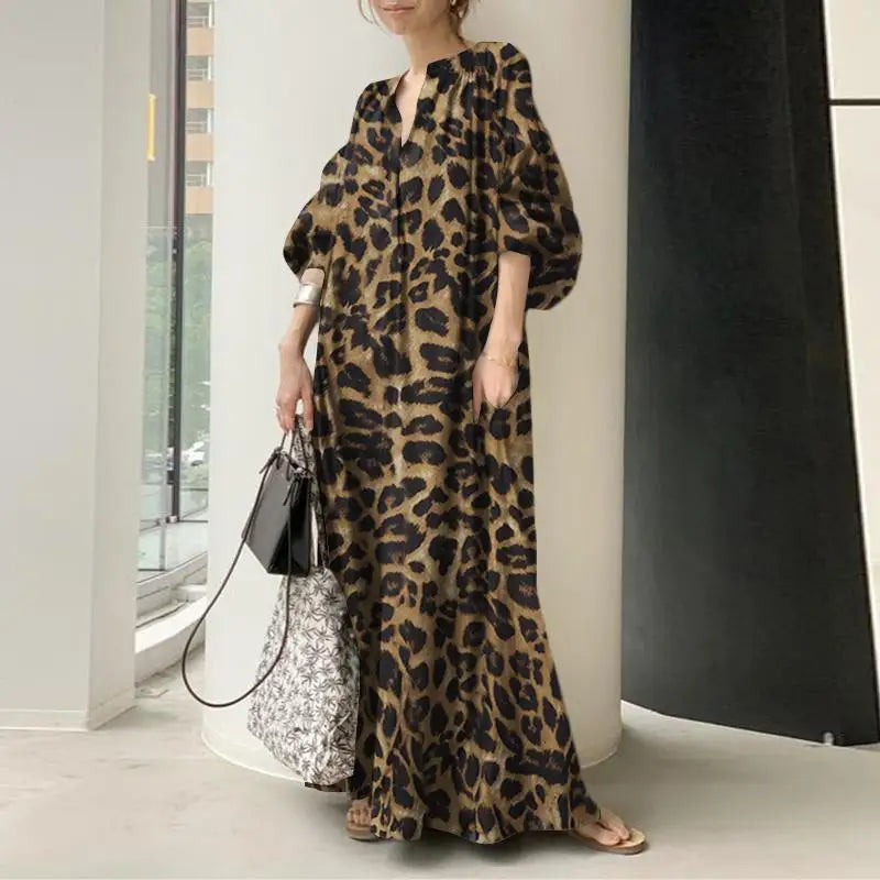 Drune Leopardenkleid | Stilvolles, sommerliches, bedrucktes, oversized Maxikleid mit langen Ärmeln