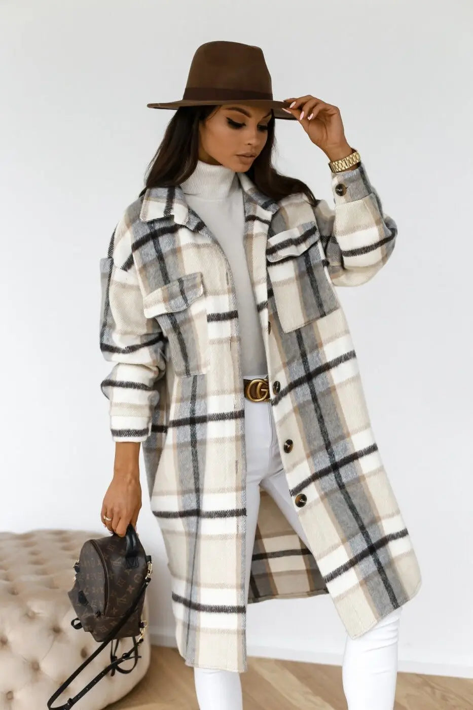 Drune | Langer Mantel aus kariertem Fleece
