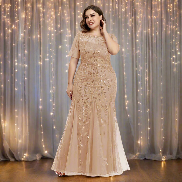 Drune | Damen Abendkleid in Übergröße Mit Pailletten Und Mesh Stickerei Im Meerjungfrau Stil