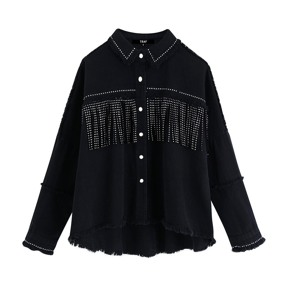Drune | Schwarze Damenjeansjacke mit Fransen