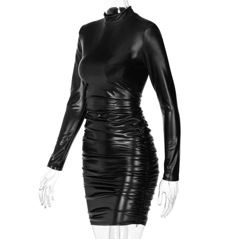 Drune | Mini Kleid mit hohem Kragen und langen gerafften Ärmeln