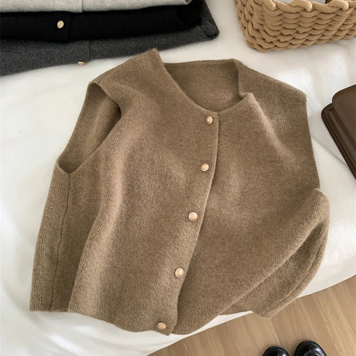 Drune | Damen Strickjacke Ohne Ärmel mit Knopfverschluss