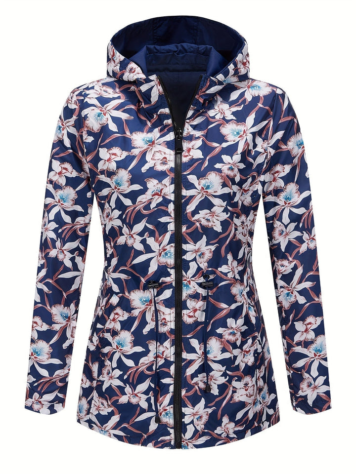 Drune | Damen Regenjacke mit Kapuze und Blumenmuster Futter