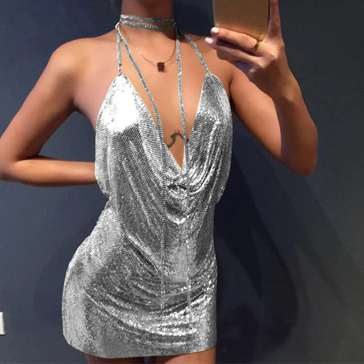 Drune | Diamond Halter Rückenfrei Spalten Metallic Mini Kleid