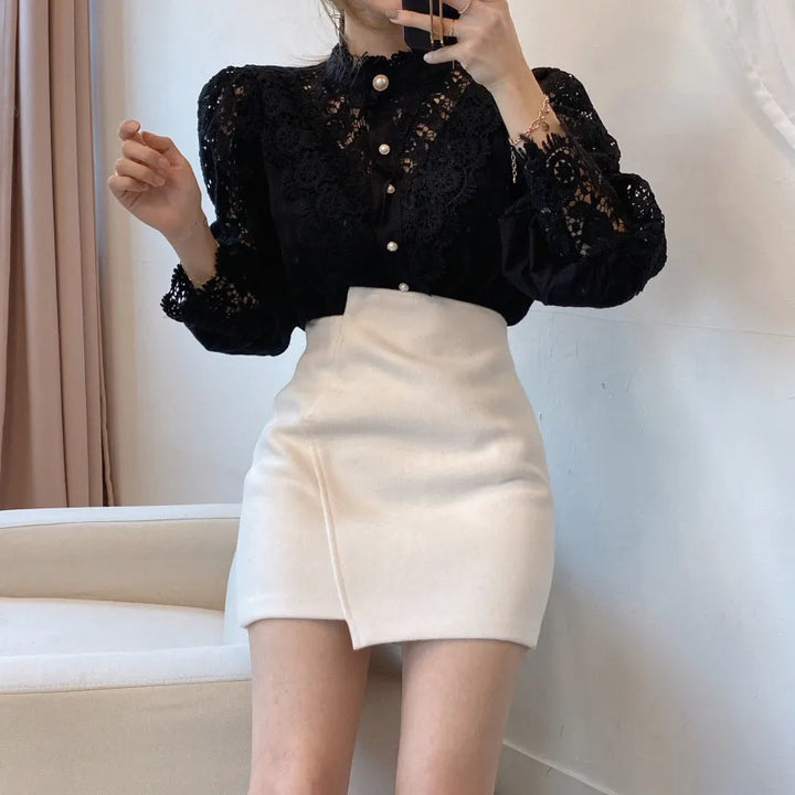 Drune | Bluse Spitzenbluse mit Hohem Kragen