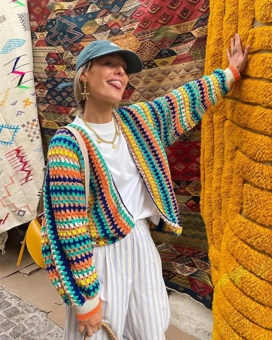 Drune | Strickjacke Häkel-Design Lockerer Schnitt Offene Vorderseite Lange Ärmel