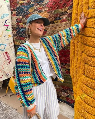 Drune | Strickjacke Häkel-Design Lockerer Schnitt Offene Vorderseite Lange Ärmel