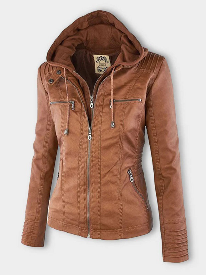 Drune | Kapuzenlederjacke für Frauen - Rippprofil