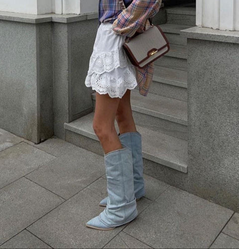 Drune | Denim kniehohe Stiefel