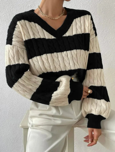 Drune | Gestreifter eleganter Pullover mit V-Ausschnitt