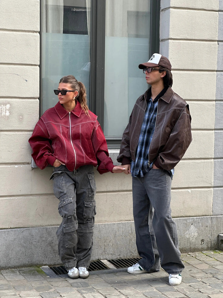 Drune | Burgundisch Zip up Jacke in Übergröße mit Kontrastnähten