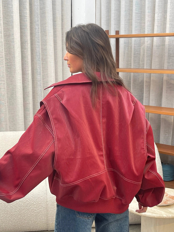 Drune | Burgundisch Zip up Jacke in Übergröße mit Kontrastnähten