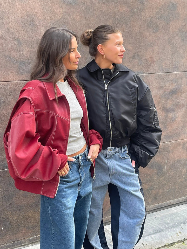 Drune | Burgundisch Zip up Jacke in Übergröße mit Kontrastnähten