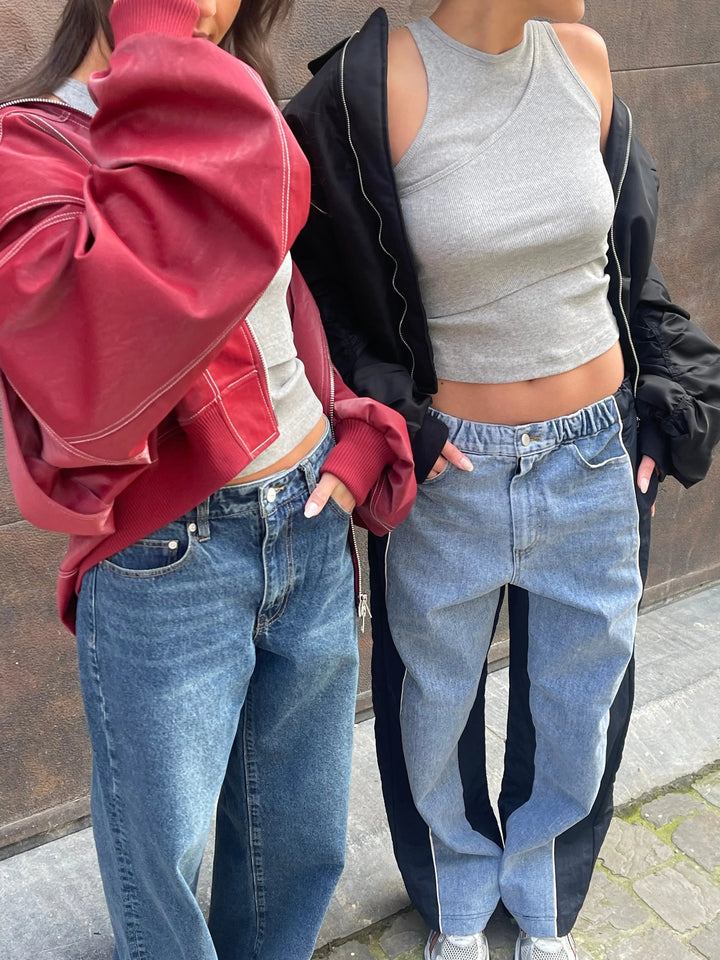 Drune | Burgundisch Zip up Jacke in Übergröße mit Kontrastnähten