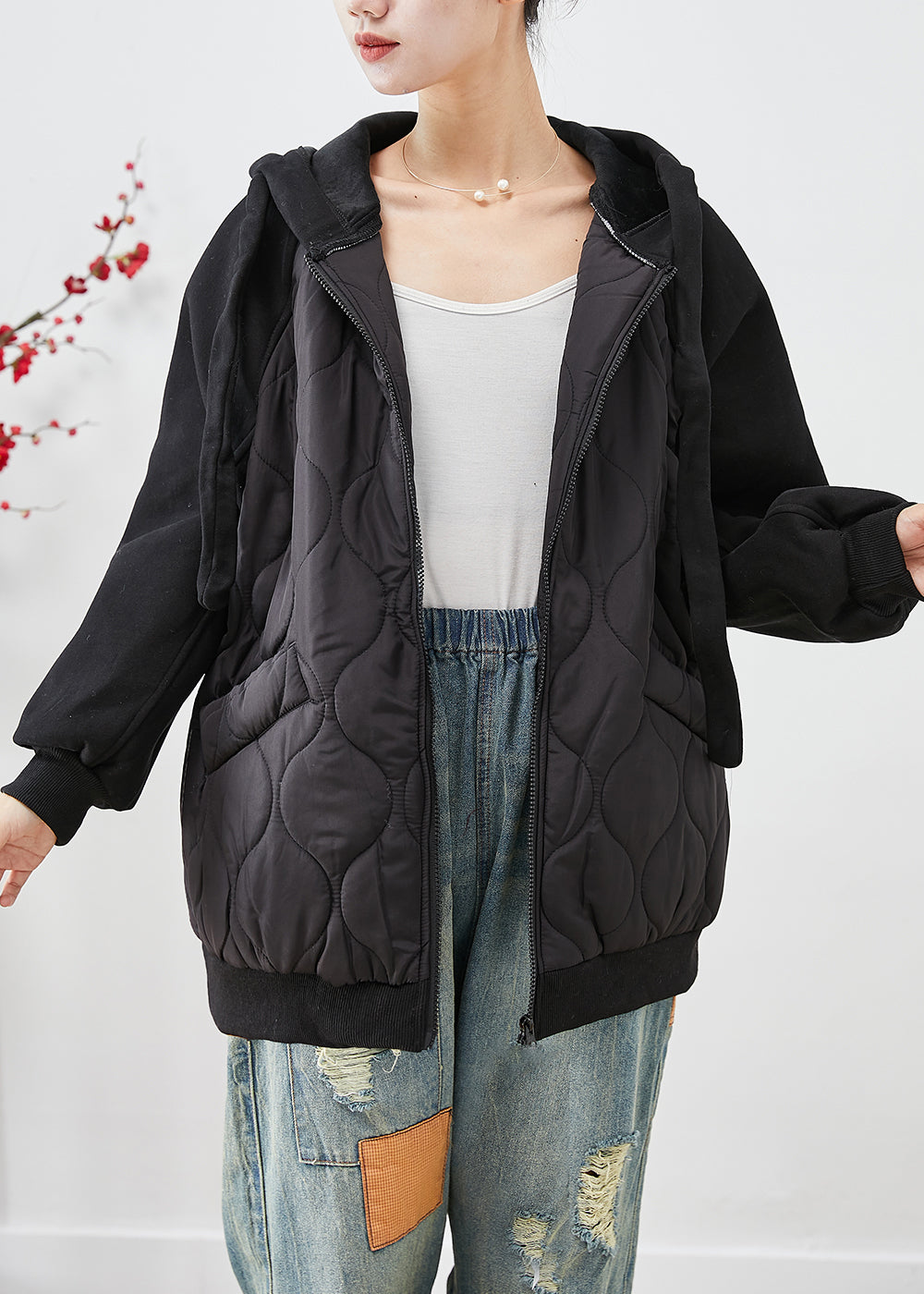 Drune | Schwarze Kapuzen-Patchwork feine Baumwollgefüllte Jacken Winter
