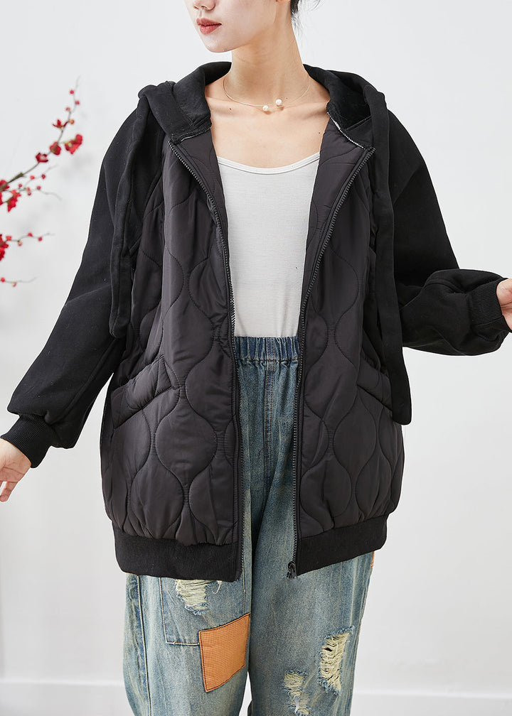 Drune | Schwarze Kapuzen-Patchwork feine Baumwollgefüllte Jacken Winter