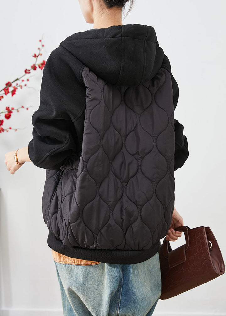 Drune | Schwarze Kapuzen-Patchwork feine Baumwollgefüllte Jacken Winter
