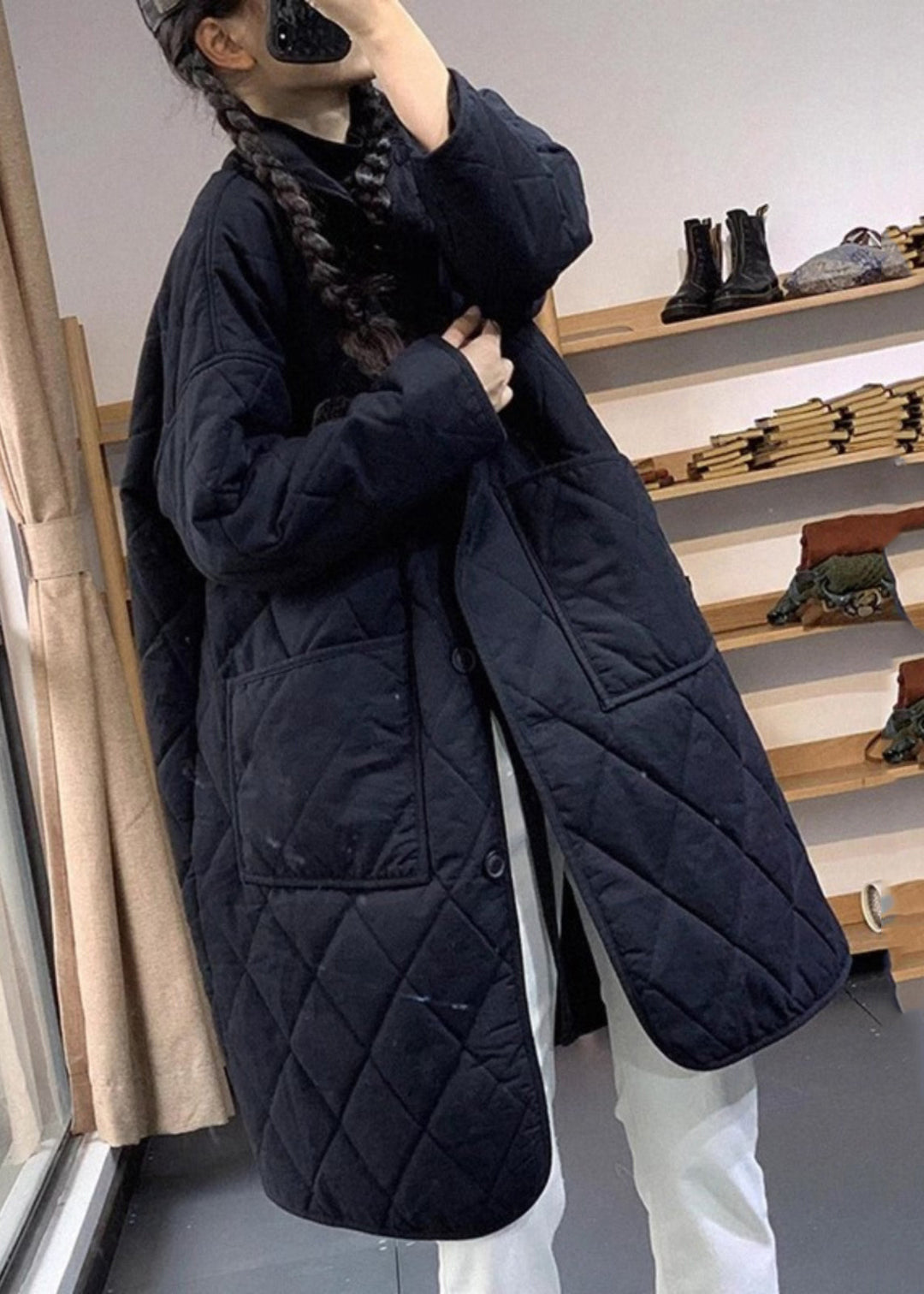 Drune | Schwarze Oversized Gemütliche Feine Baumwollgefüllte Damen Wintermäntel