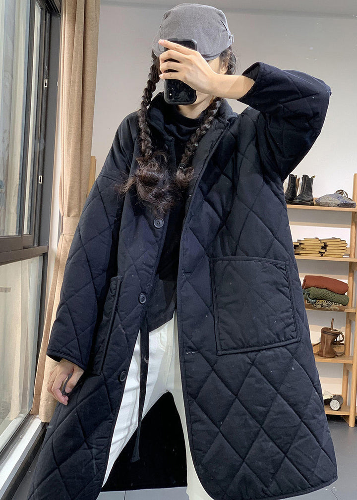 Drune | Schwarze Oversized Gemütliche Feine Baumwollgefüllte Damen Wintermäntel