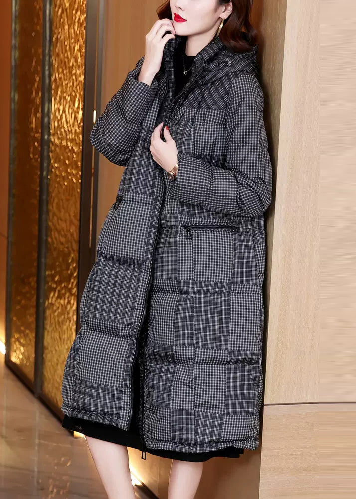 Drune | Schwarze Zip-Up Karo Taschen Entenfedern Puffer Mäntel Winter