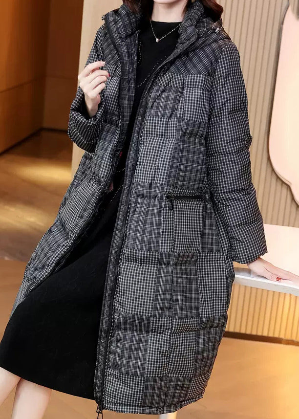 Drune | Schwarze Zip-Up Karo Taschen Entenfedern Puffer Mäntel Winter