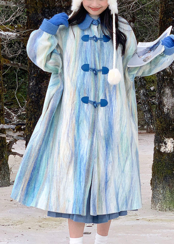 Drune | Gradientfarbe Meerblau Peter-Pan-Kragen Knopf Dicke Wolltrenchcoats Winter