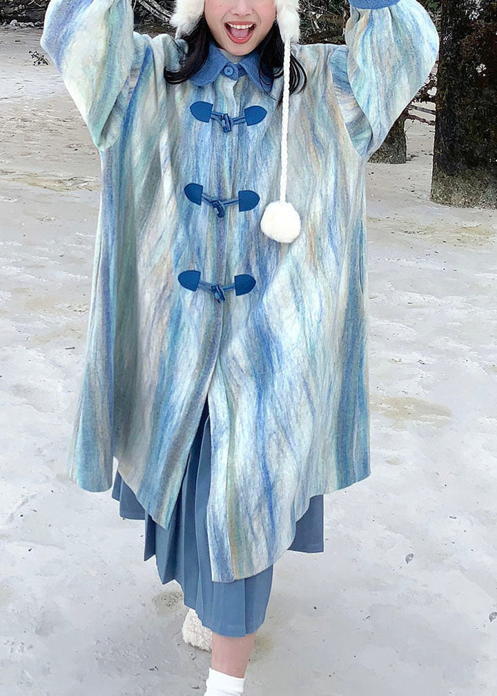 Drune | Gradientfarbe Meerblau Peter-Pan-Kragen Knopf Dicke Wolltrenchcoats Winter