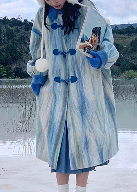 Drune | Gradientfarbe Meerblau Peter-Pan-Kragen Knopf Dicke Wolltrenchcoats Winter