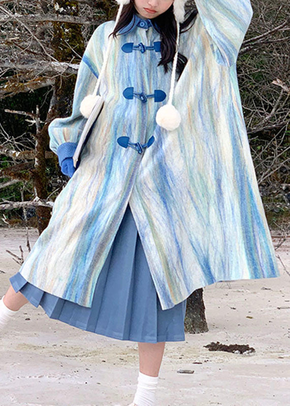 Drune | Gradientfarbe Meerblau Peter-Pan-Kragen Knopf Dicke Wolltrenchcoats Winter