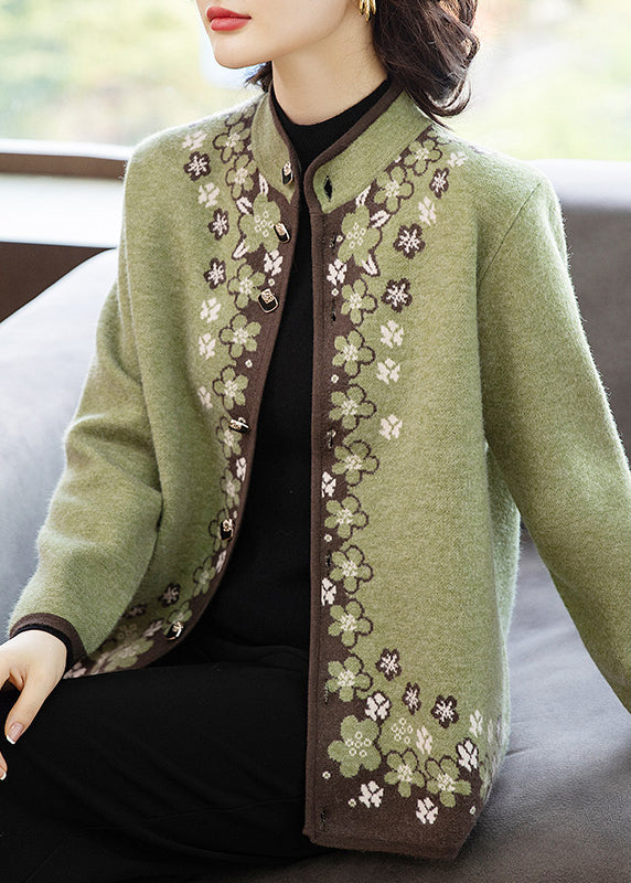 Drune | Grüner Knopf-Druck Patchwork Strickmäntel