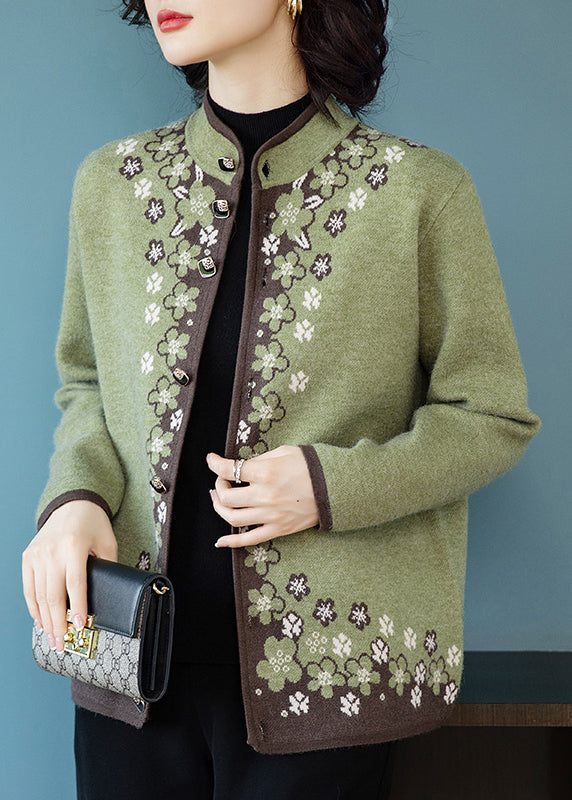Drune | Grüner Knopf-Druck Patchwork Strickmäntel